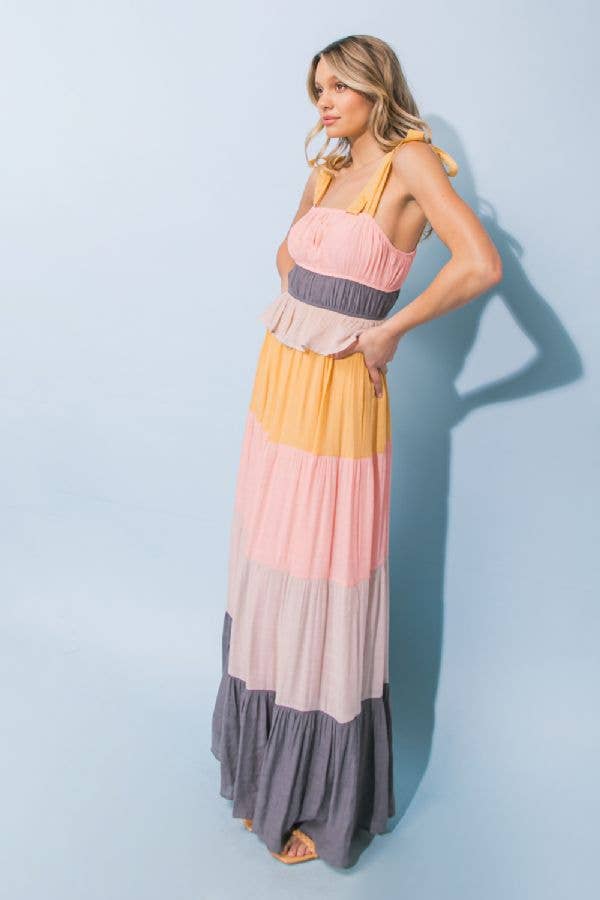 A woven color blocked maxi dress -AD2638