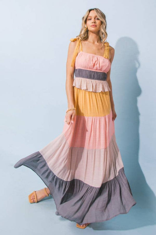 A woven color blocked maxi dress -AD2638